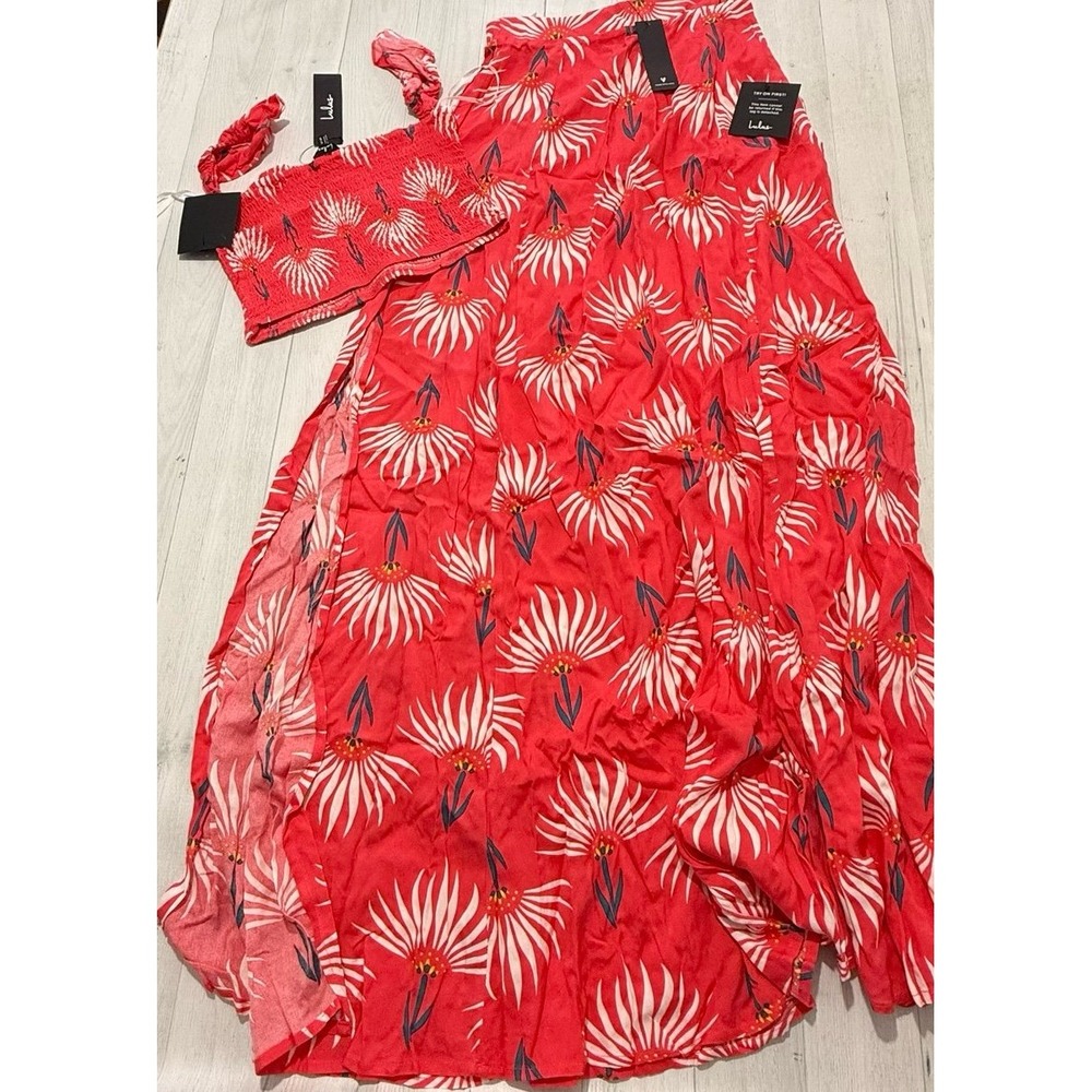 Lulus Trancoso Coral Floral Print Two-Piece Maxi Dress XS NEW